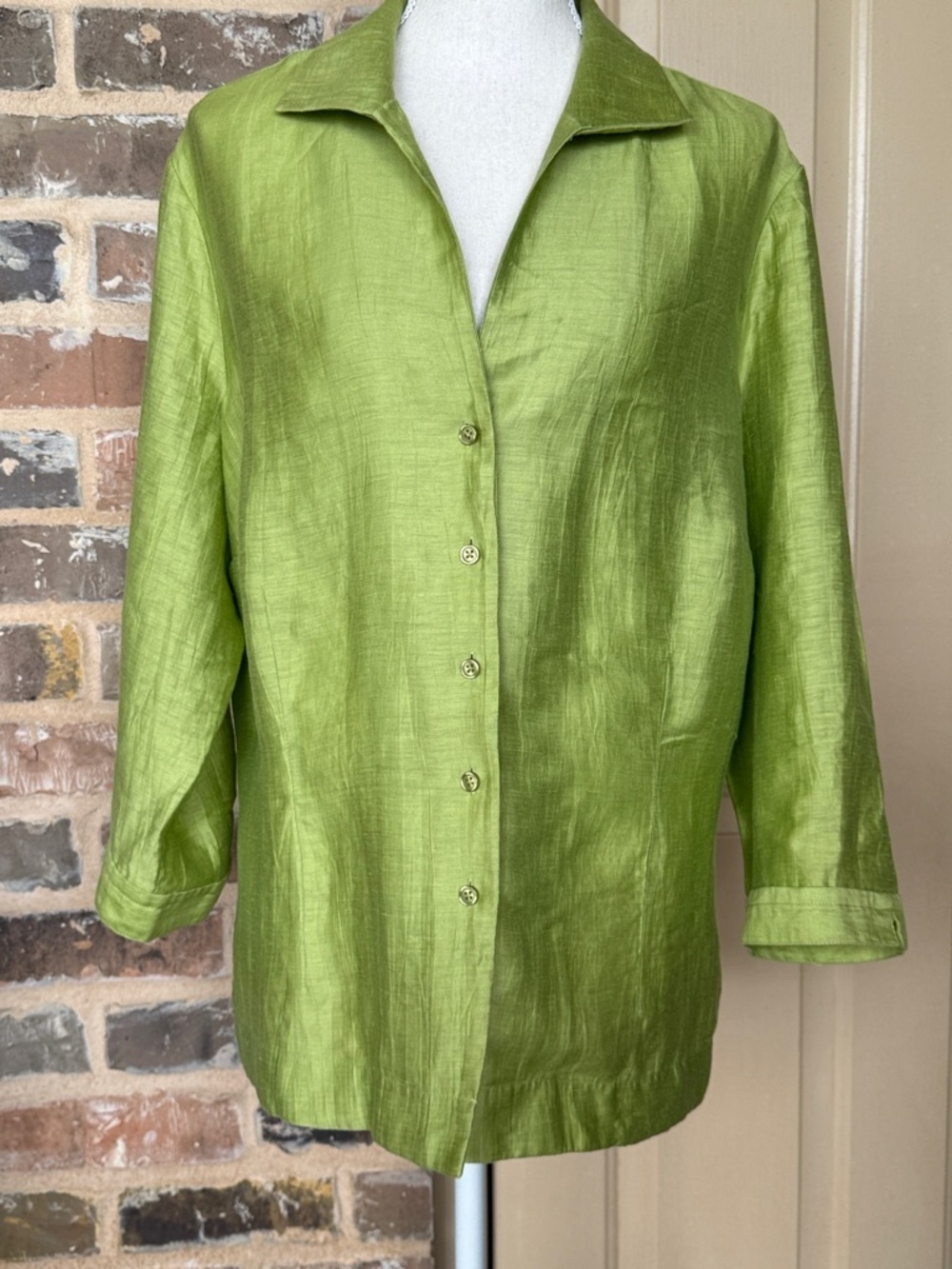 Investments Silky Linen Lime Green Button-Up Blouse 3/4 Sleeve Sophisticated